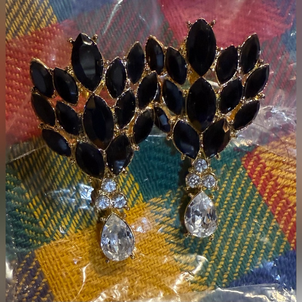 Vintage Monet chandelier, crystal Black and Gold Statement Earrings